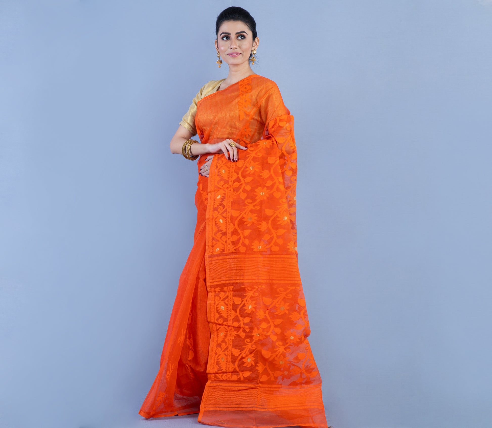 Handloom Jamdani Saree - Orange - ArtisanSoul