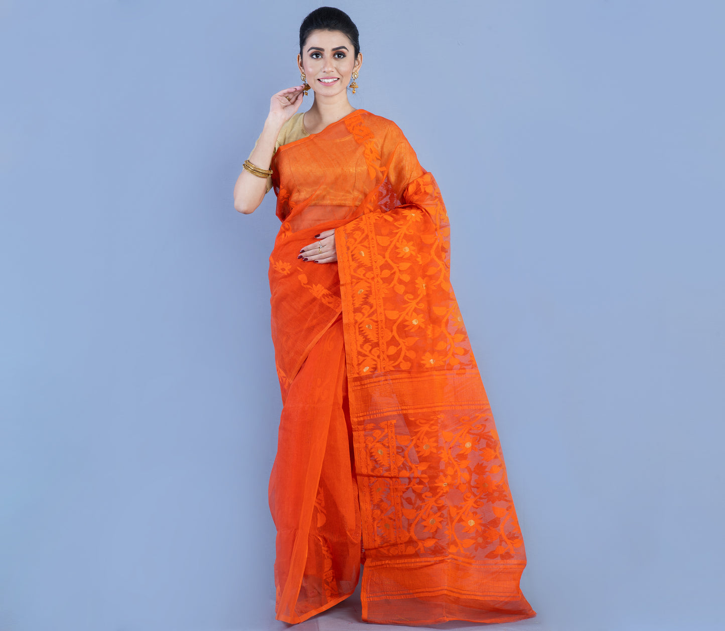 Handloom Jamdani Saree - Orange - ArtisanSoul