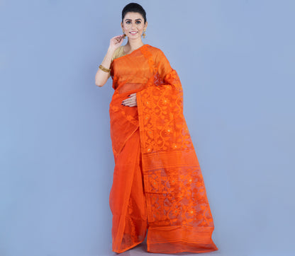 Handloom Jamdani Saree - Orange - ArtisanSoul