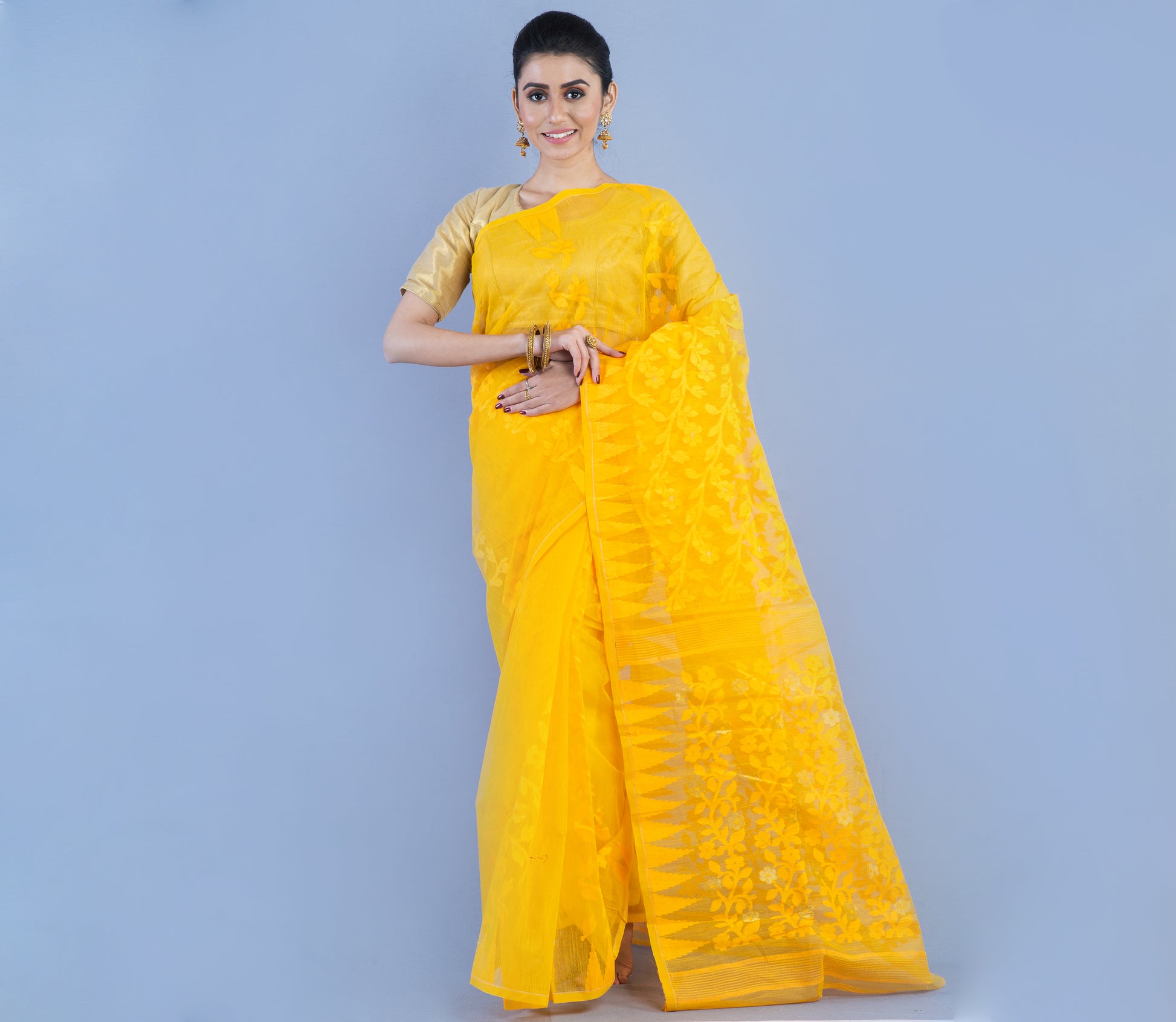 Handloom Jamdani Saree - Yellow - ArtisanSoul