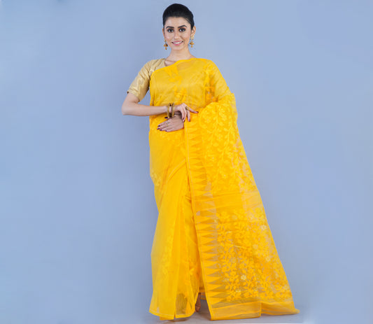 Handloom Jamdani Saree - Yellow - ArtisanSoul