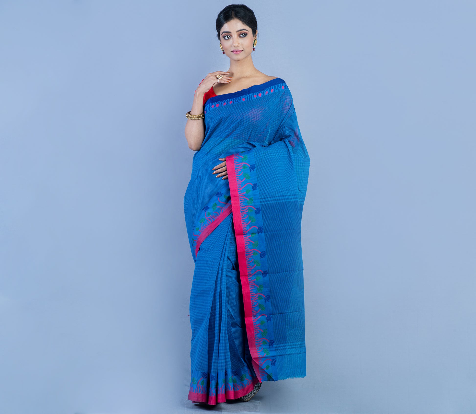 Handloom Tant Saree With Lotus Design on Par - Blue & Pink - ArtisanSoul
