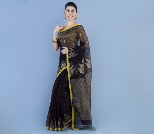 Linen Handloom Saree - Black with Zari Work - ArtisanSoul