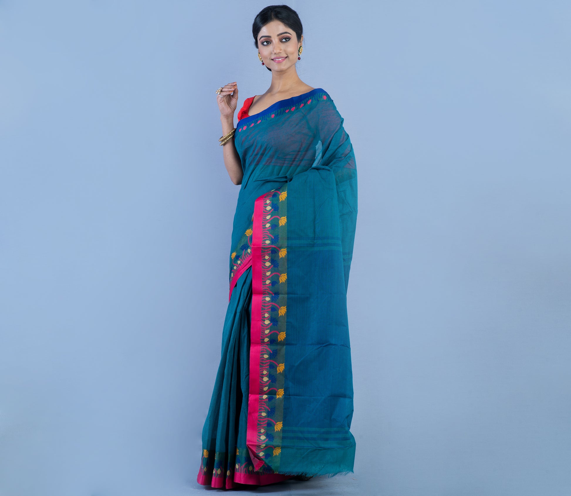 Handloom Tant Saree with Lotus Design on Par - Teal Blue & Pink - ArtisanSoul