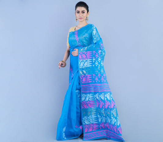 Handloom jamdani Saree - Sky Blue - ArtisanSoul
