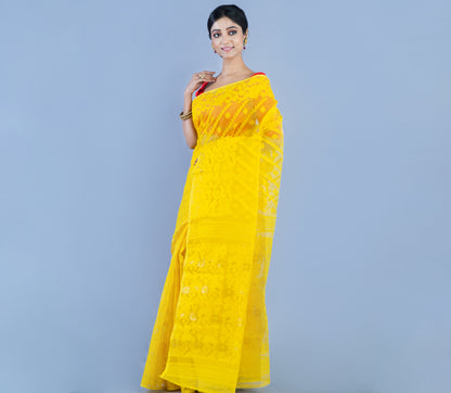 Handloom Jamdani Saree With All Body Work - Yellow - ArtisanSoul