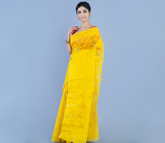 Handloom Jamdani Saree With All Body Work - Yellow - ArtisanSoul