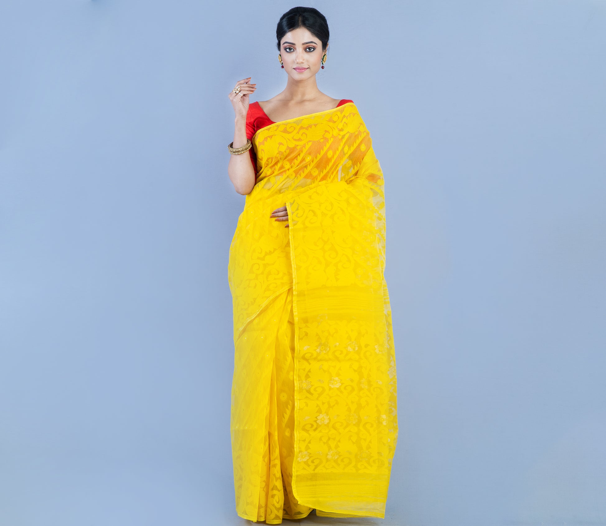 Handloom Jamdani Saree With All Body Work - Yellow - ArtisanSoul