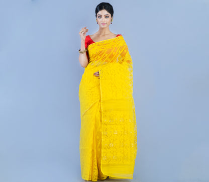 Handloom Jamdani Saree With All Body Work - Yellow - ArtisanSoul