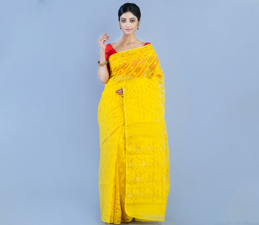 Handloom Jamdani Saree With All Body Work - Yellow - ArtisanSoul