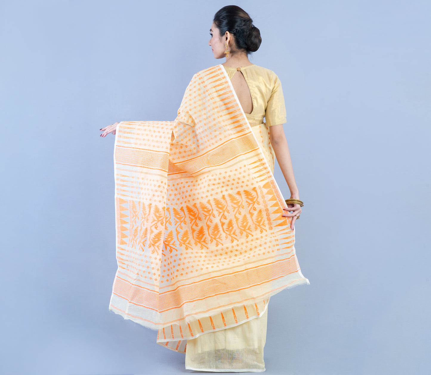 Handloom Jamdani Saree With all body Work - Orange On Vanilla - ArtisanSoul
