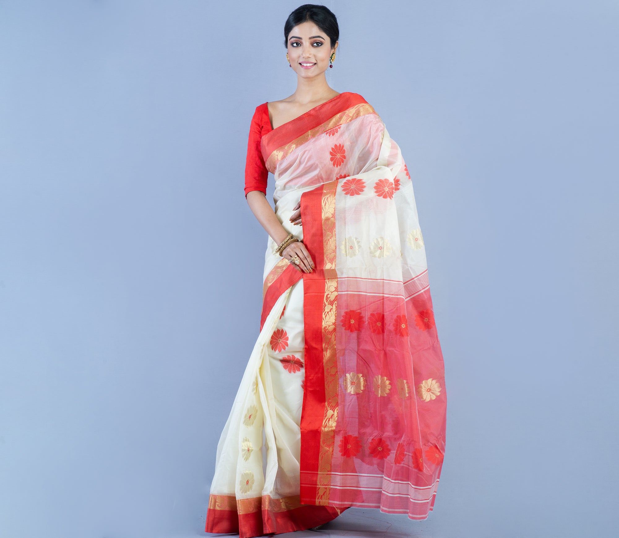 White red linen sequin handloom bengal saree – GoCoop