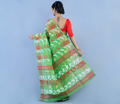 Handloom Jamdani Saree - Red & White On Green - ArtisanSoul