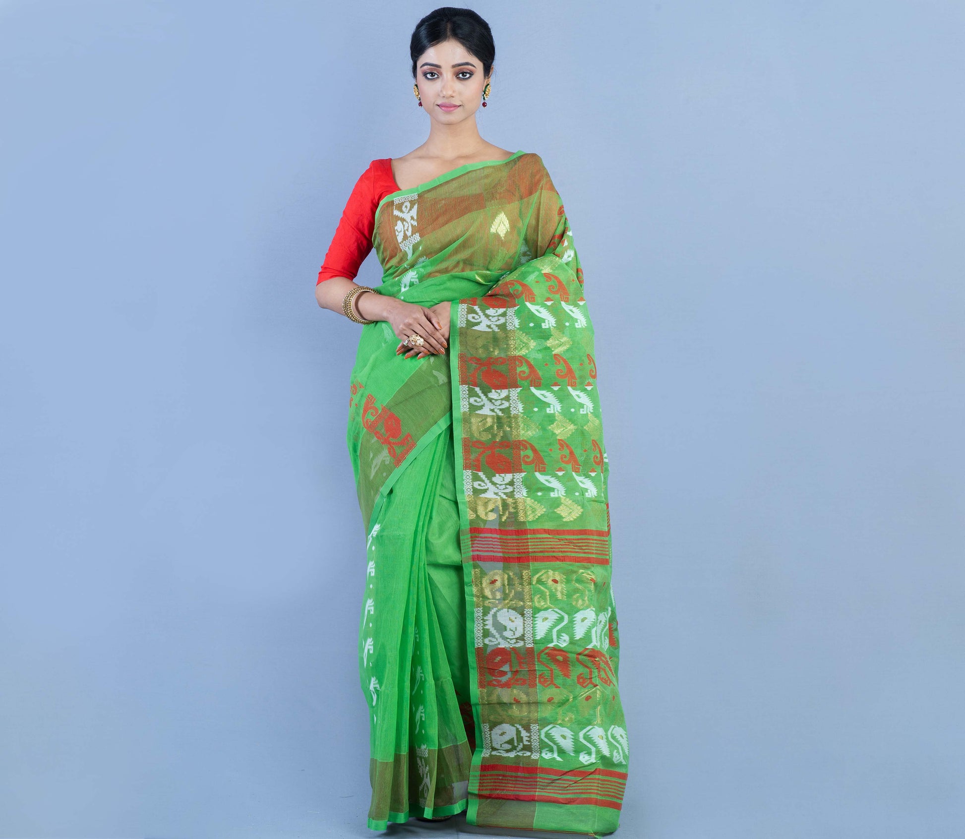 Handloom Jamdani Saree - Red & White On Green - ArtisanSoul