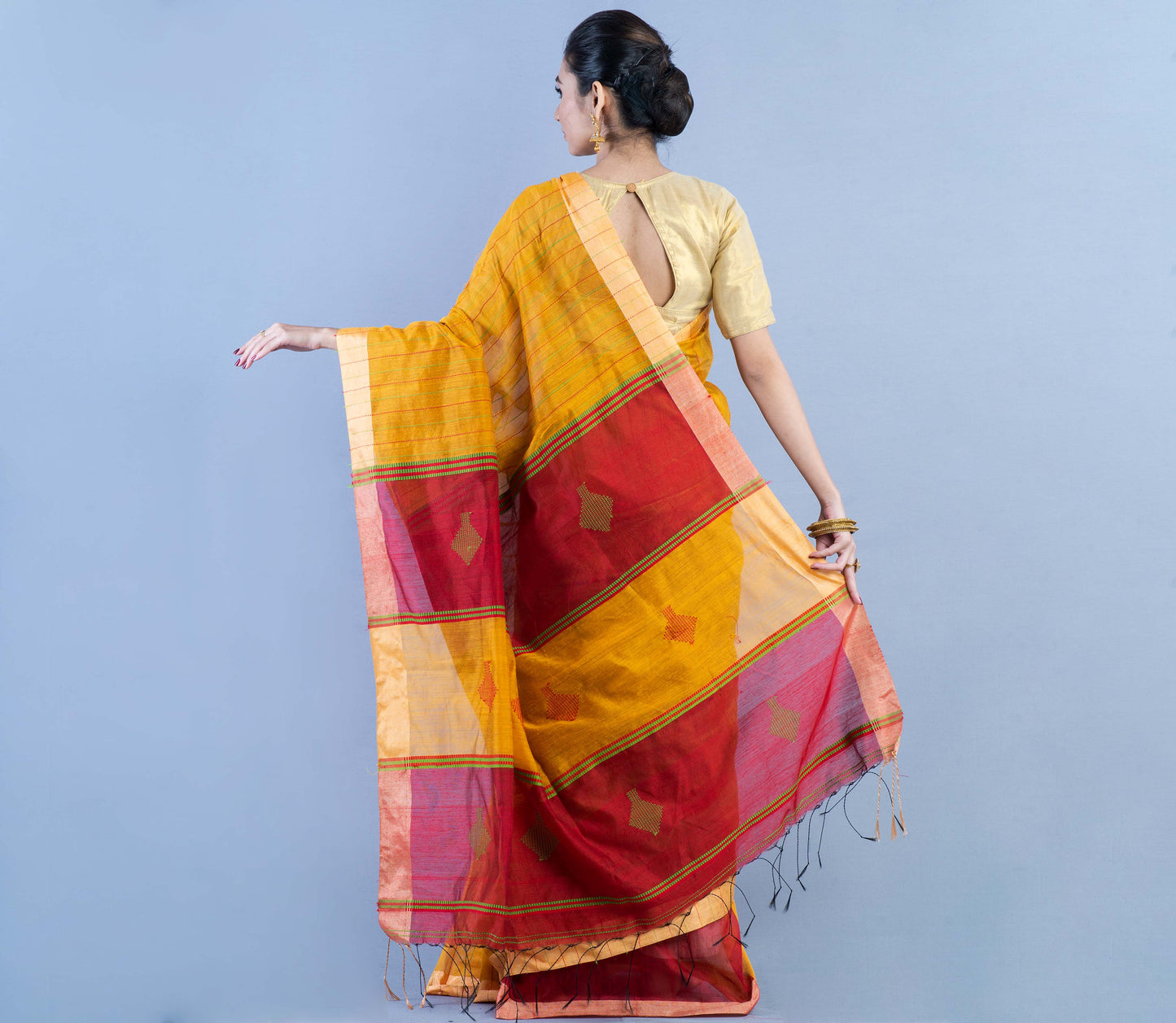 Handloom Saree - Mustard Yellow & Maroon - ArtisanSoul