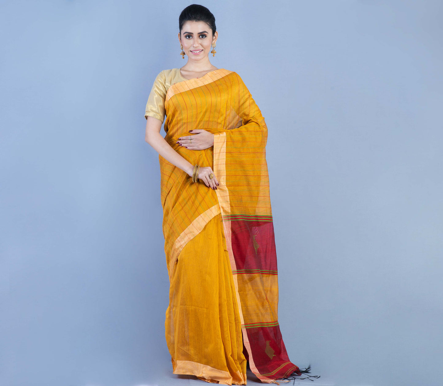 Handloom Saree - Mustard Yellow & Maroon - ArtisanSoul