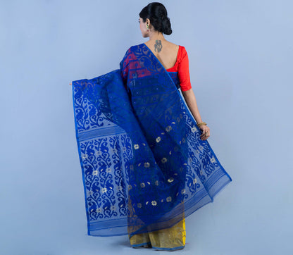 Handloom Jamdani Saree With all body Work - Blue & Yellow - ArtisanSoul