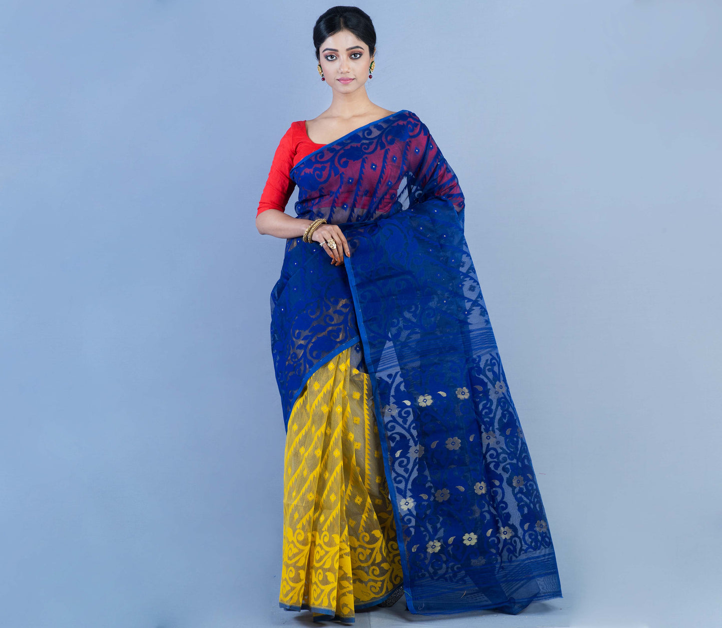 Handloom Jamdani Saree With all body Work - Blue & Yellow - ArtisanSoul