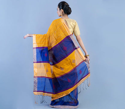 Handloom Saree - Mustard Yellow & Blue - ArtisanSoul