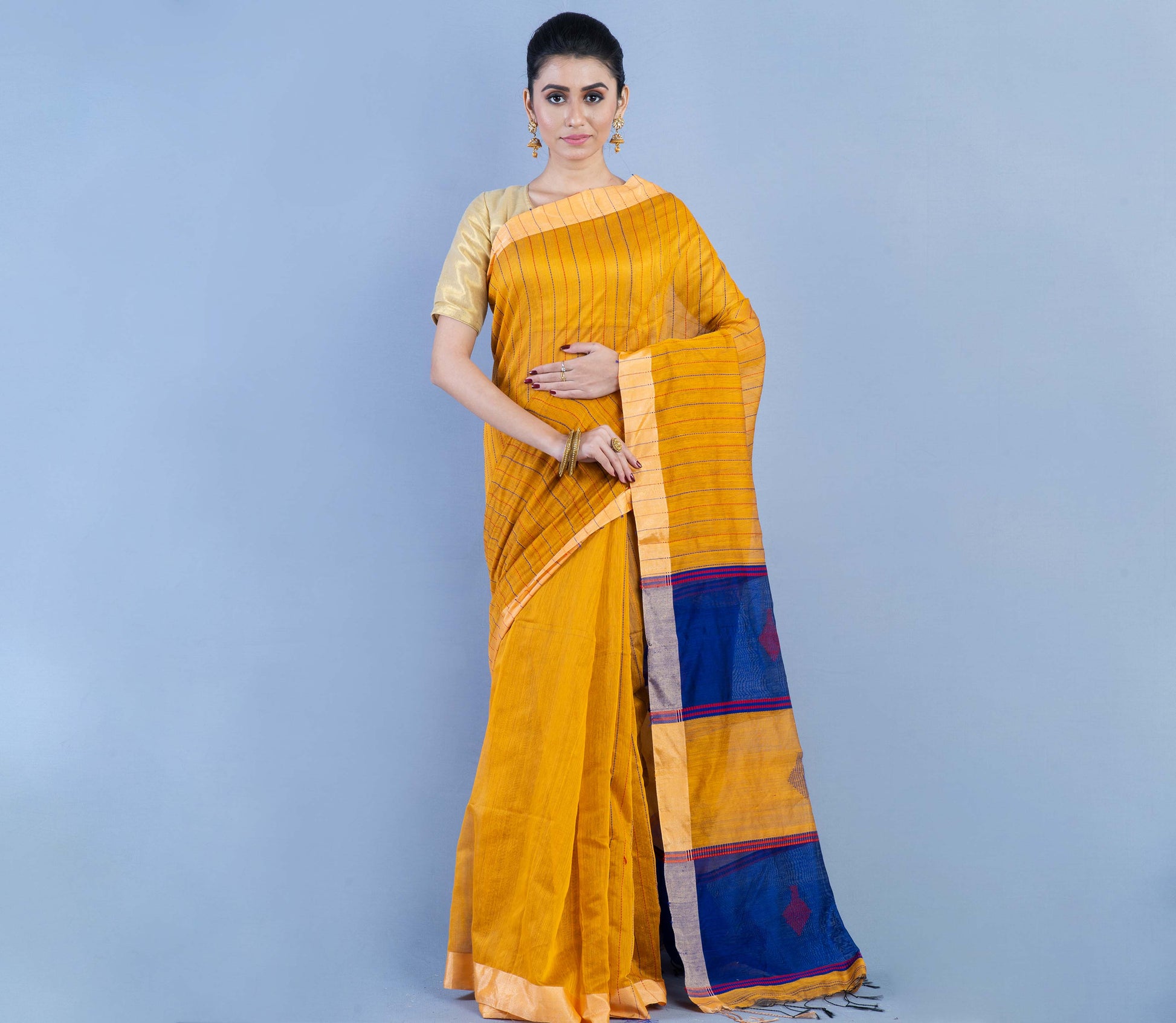 Handloom Saree - Mustard Yellow & Blue - ArtisanSoul