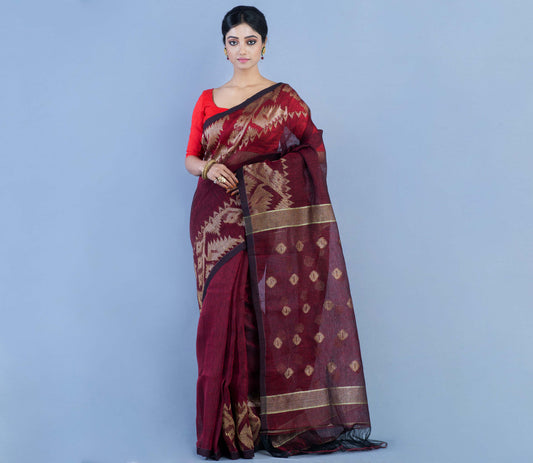 Handloom Linen Zamdani - Maroon - ArtisanSoul