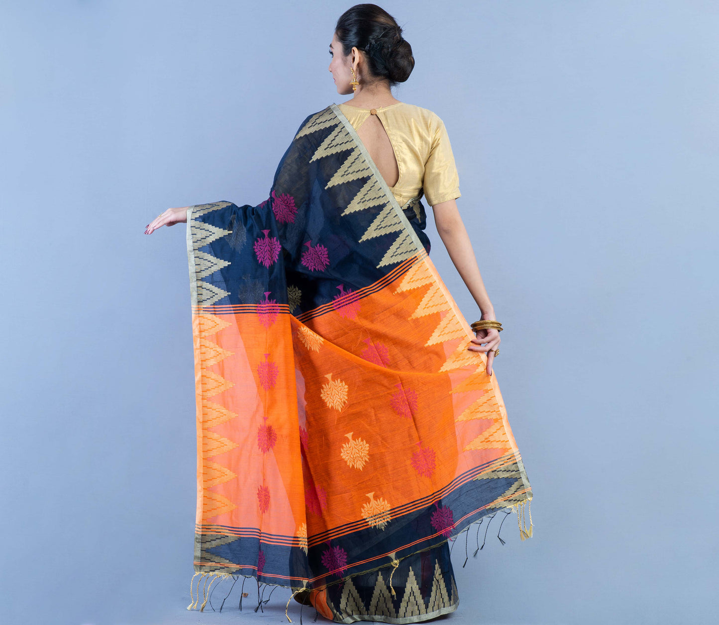 Handloom Saree - Navy Blue & Orange Anchal - ArtisanSoul