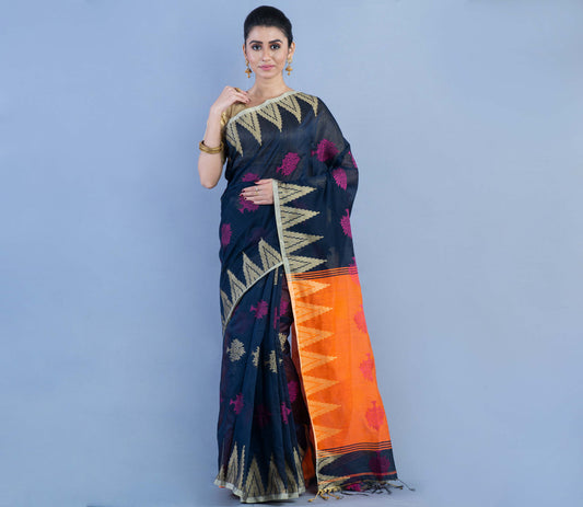 Handloom Saree - Navy Blue & Orange Anchal - ArtisanSoul