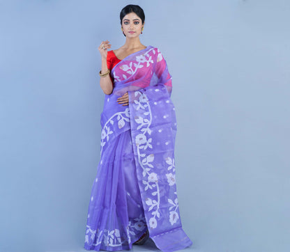 Handloom Muslin Silk Saree - White Leaf Design on Lavender - ArtisanSoul