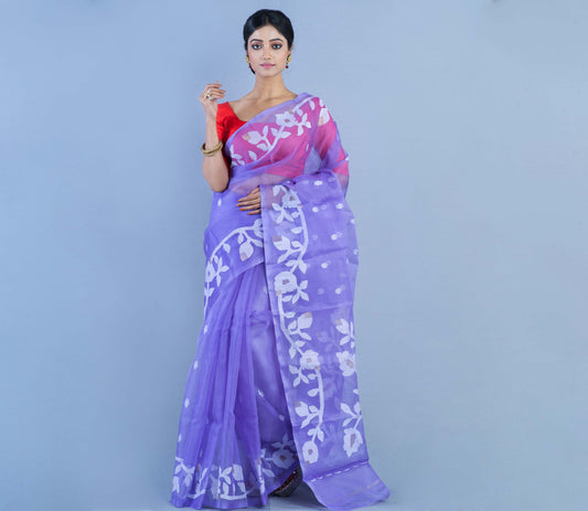 Handloom Muslin Silk Saree - White Leaf Design on Lavender - ArtisanSoul