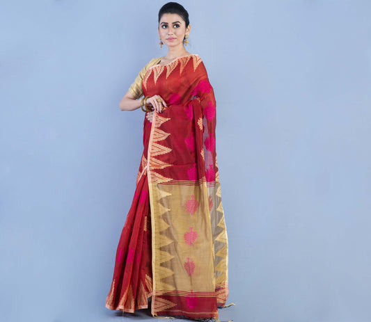 Handloom Saree - Maroon & Maple Anchal - ArtisanSoul