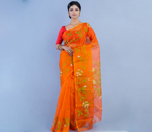Handloom Muslin Silk Saree - Orange With Leaf Design - ArtisanSoul