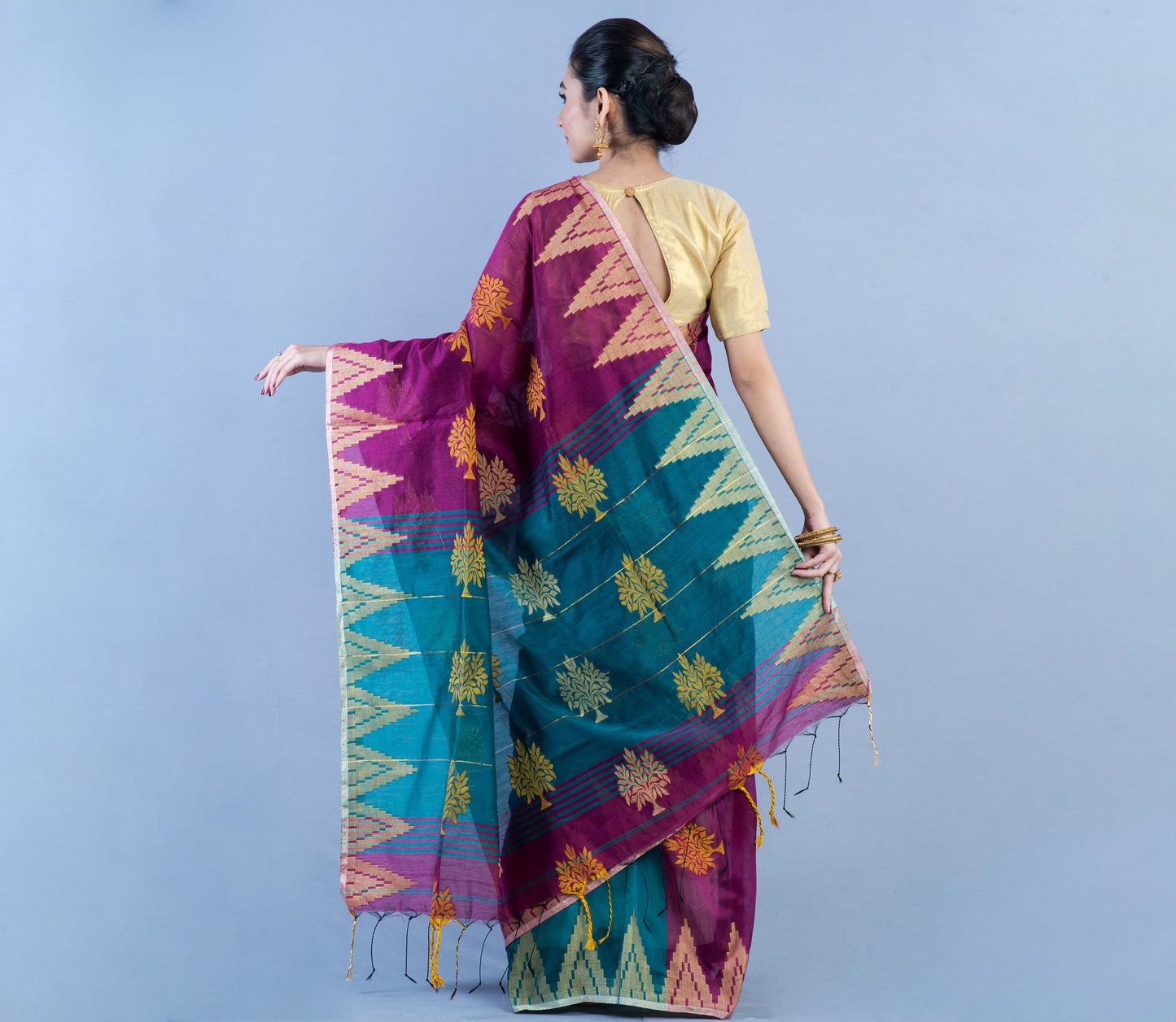 Handloom Saree - Purple & Cyan Blue Anchal - ArtisanSoul