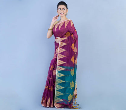 Handloom Saree - Purple & Cyan Blue Anchal - ArtisanSoul