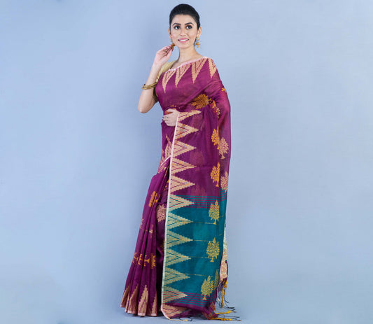 Handloom Saree - Purple & Cyan Blue Anchal - ArtisanSoul