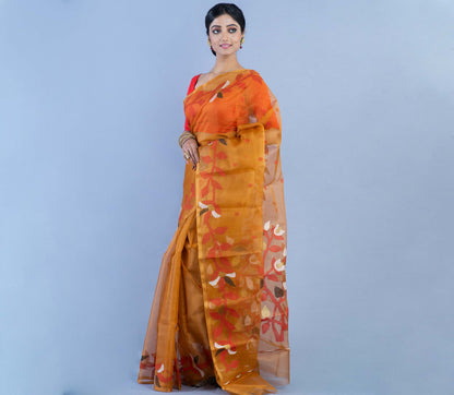 handloom Muslin Saree - Brown With Leaf Design - ArtisanSoul
