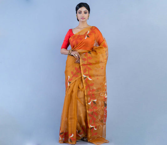 handloom Muslin Saree - Brown With Leaf Design - ArtisanSoul