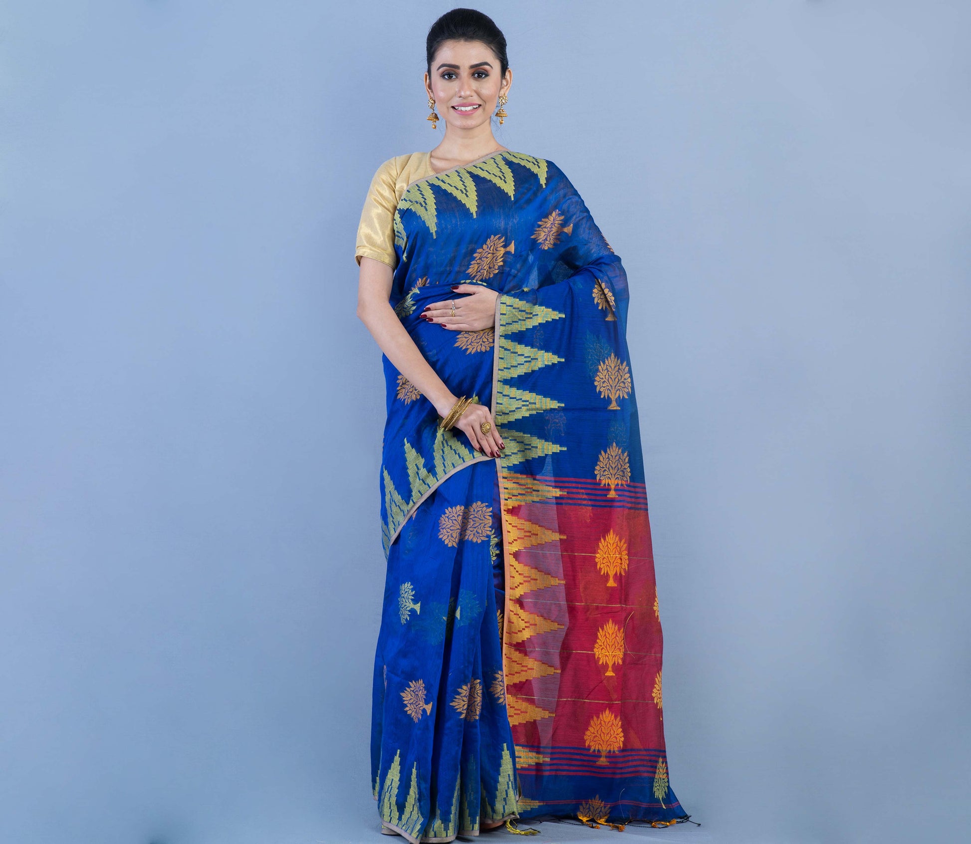 Handloom Saree With all Over Work - Blue & Red Anchal - ArtisanSoul
