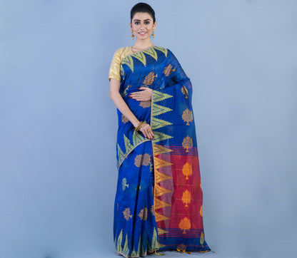 Handloom Saree With all Over Work - Blue & Red Anchal - ArtisanSoul