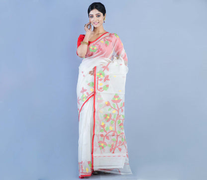 Handloom Muslin Silk Saree - Red Leaf Design on White - ArtisanSoul