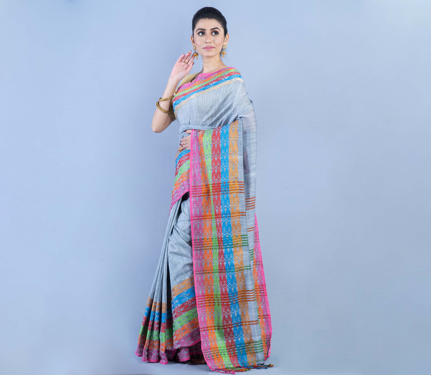 Handloom Cotton Saree - Gray with Multi Color Par - ArtisanSoul