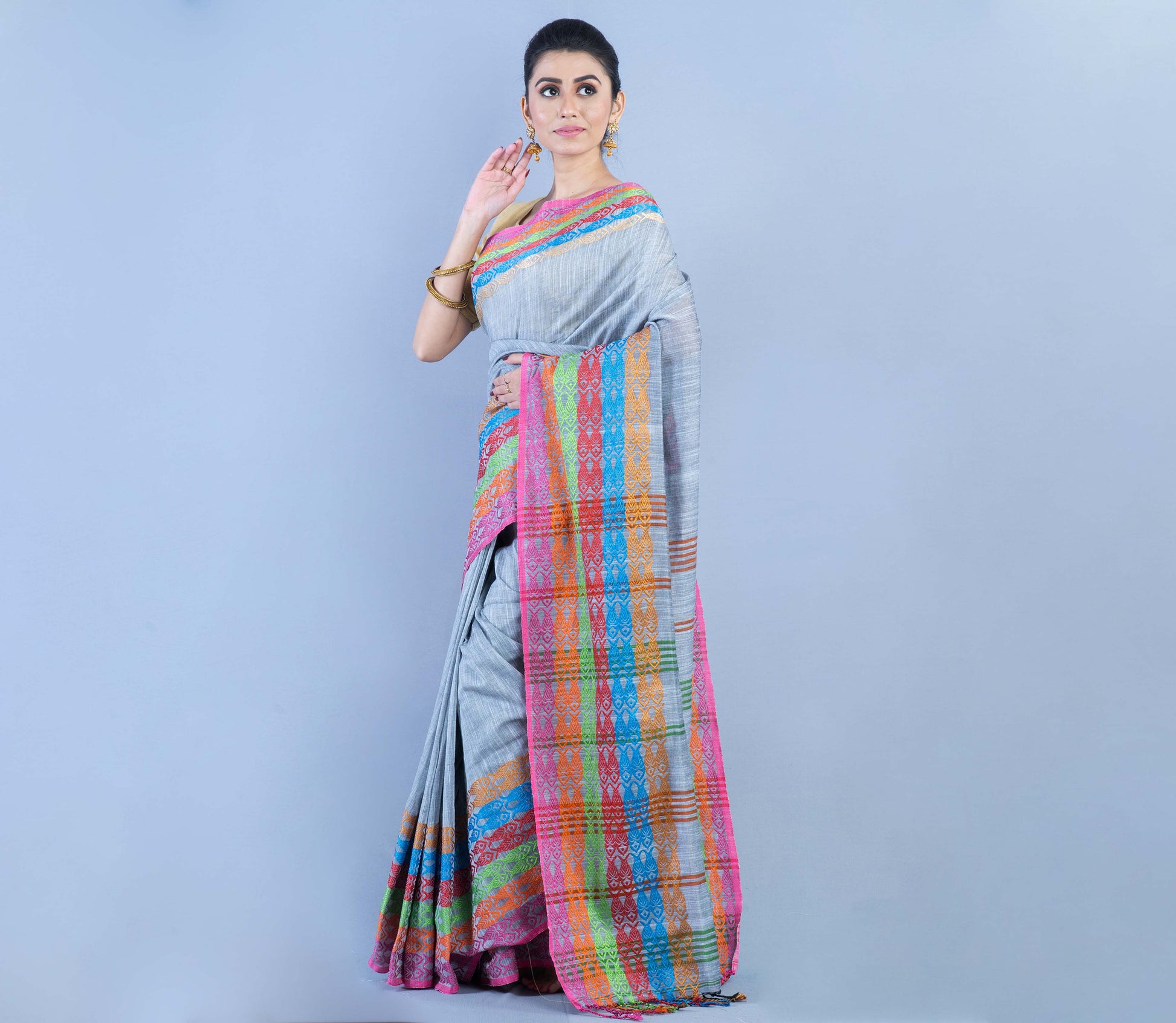 Handloom Cotton Saree - Gray with Multi Color Par - ArtisanSoul