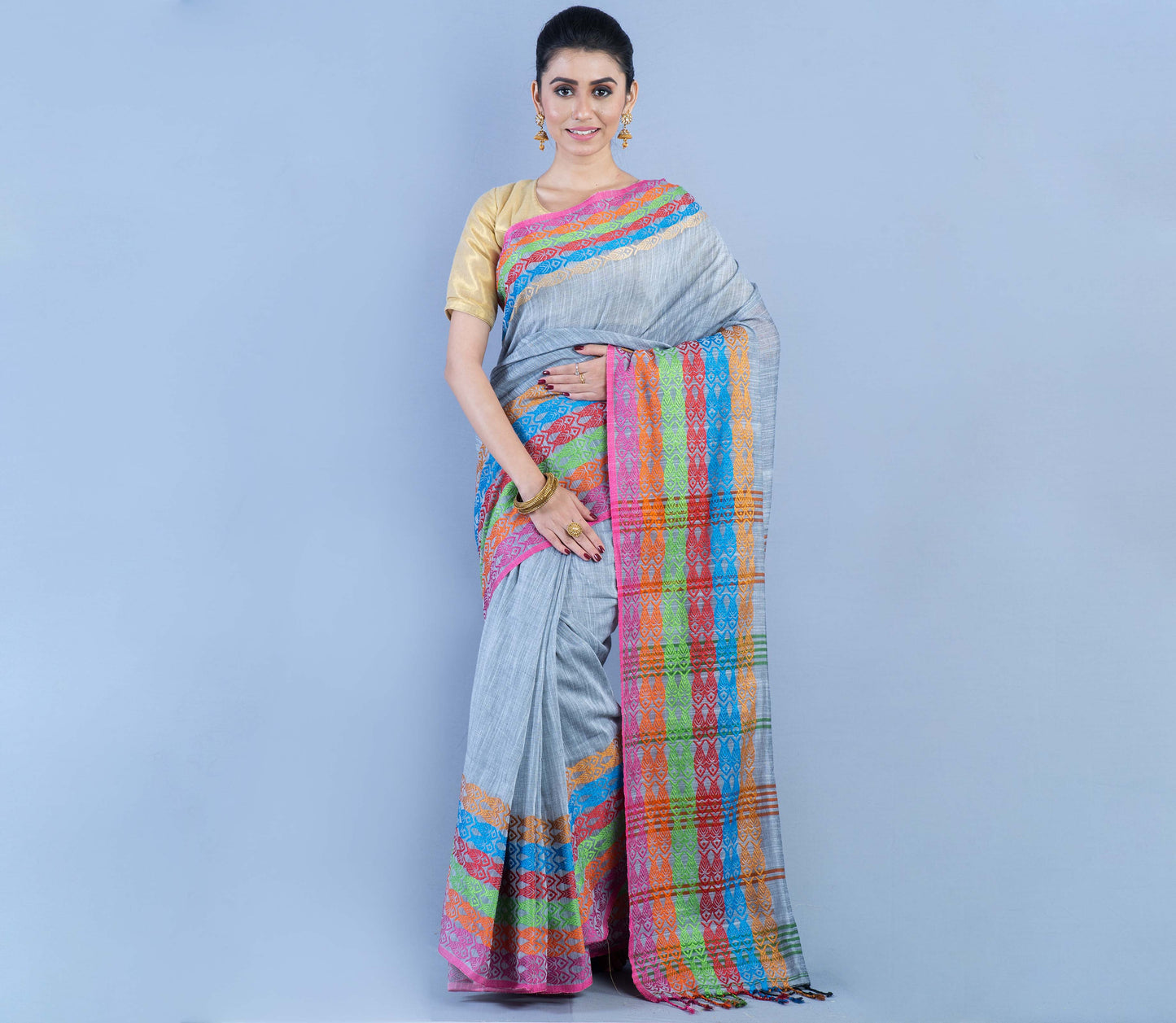 Handloom Cotton Saree - Gray with Multi Color Par - ArtisanSoul