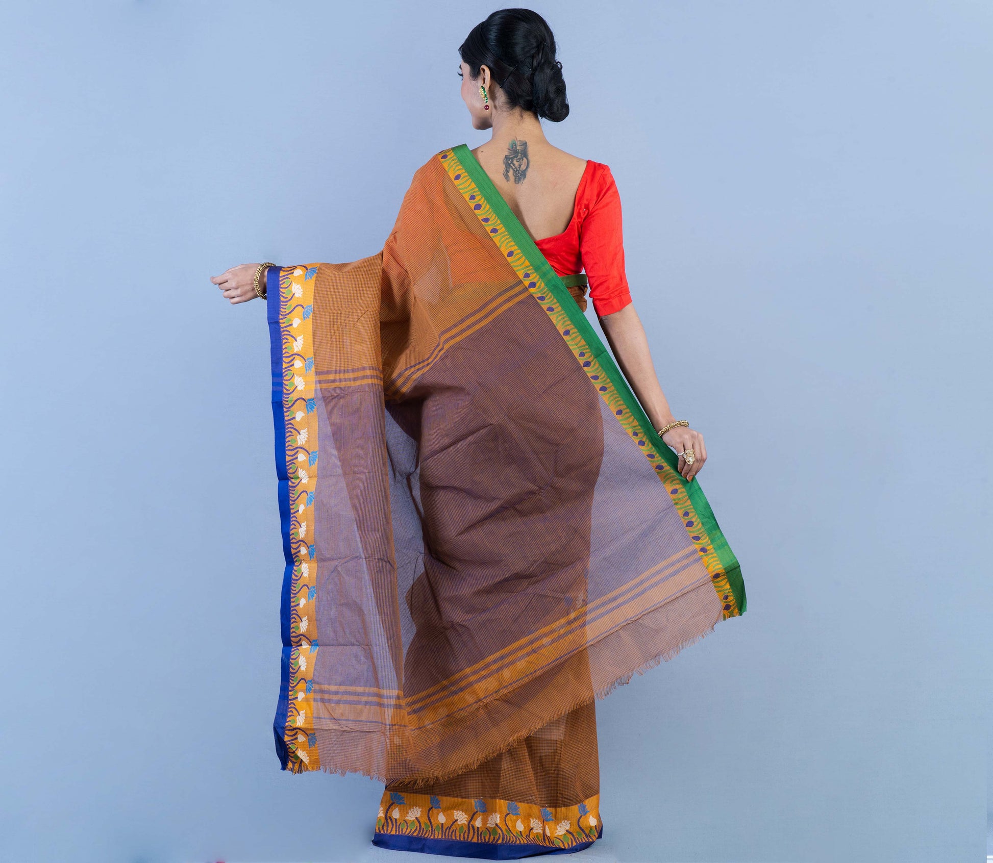 Handloom Tant Saree With Lotus Design on Par - Brown & Blue - ArtisanSoul