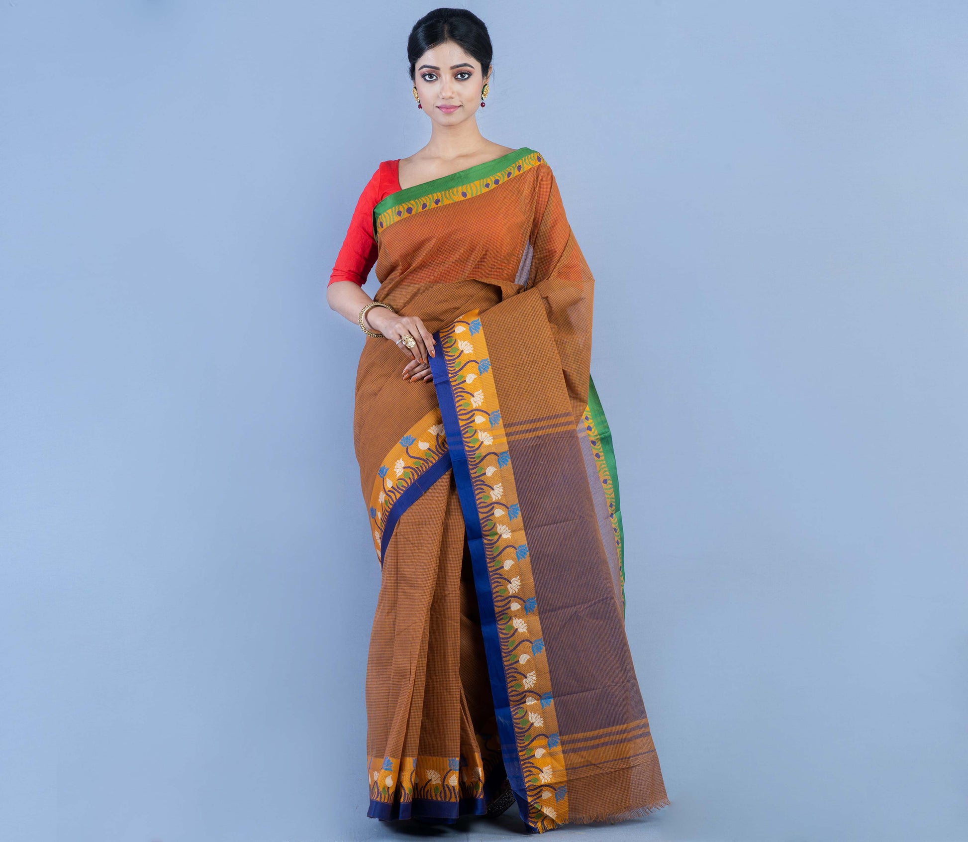 Handloom Tant Saree With Lotus Design on Par - Brown & Blue - ArtisanSoul