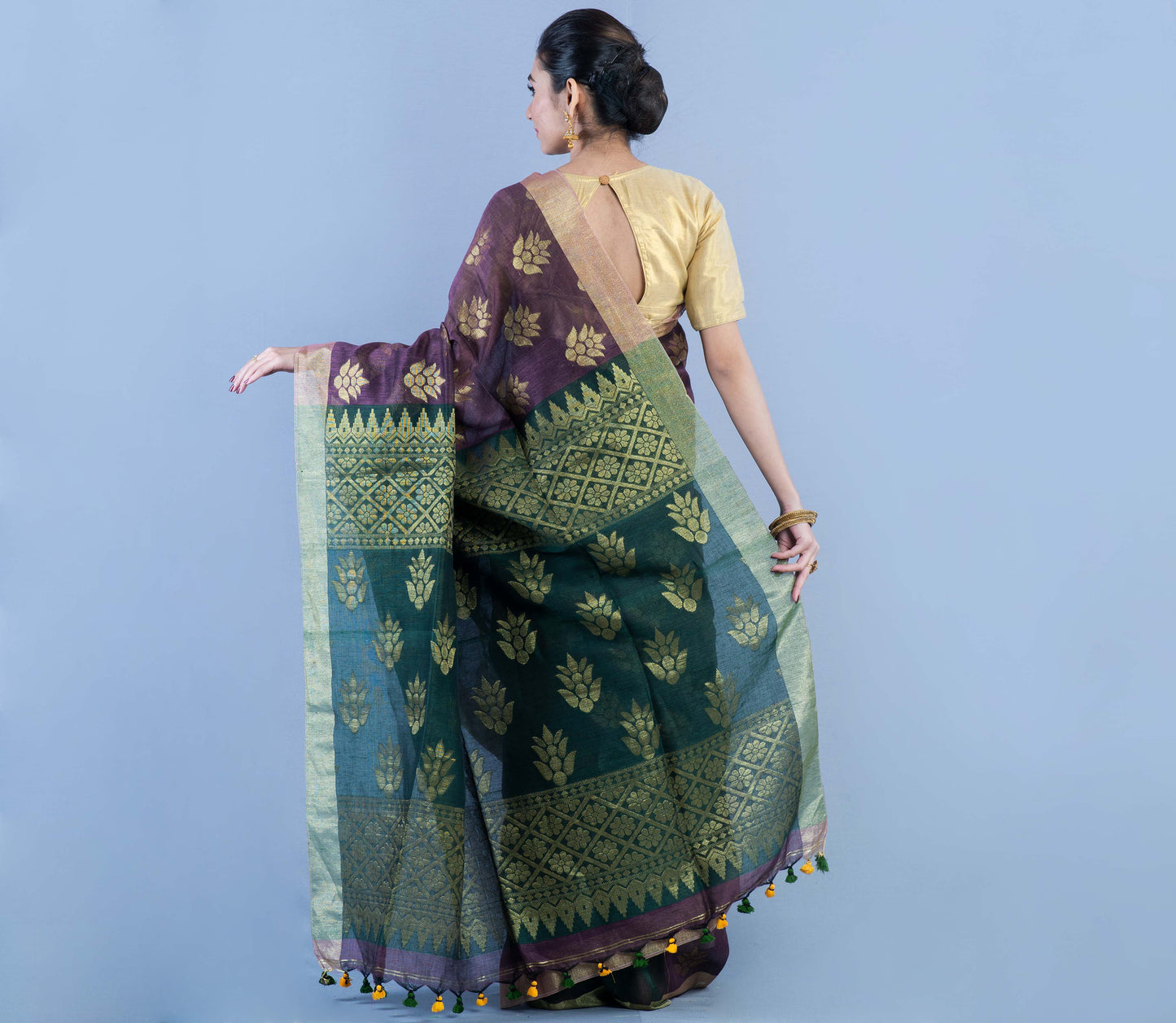 Handloom Linen Zamdani - Violet & Bottle Green - ArtisanSoul