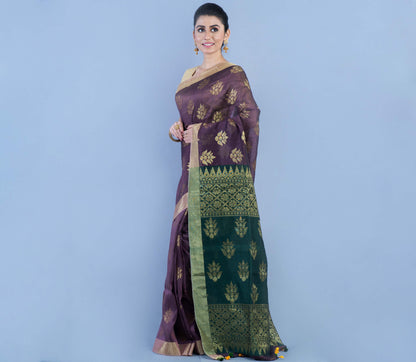Handloom Linen Zamdani - Violet & Bottle Green - ArtisanSoul