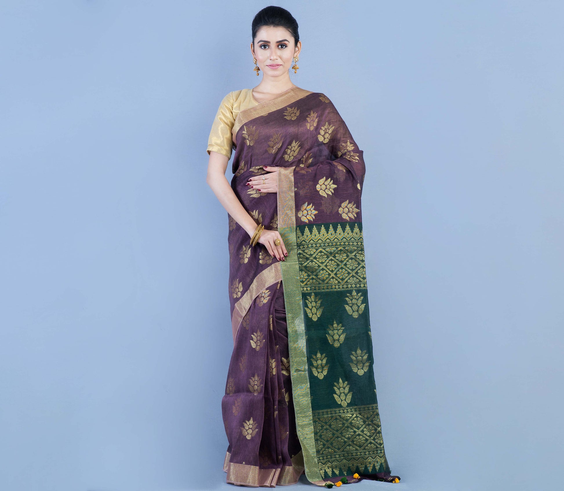 Handloom Linen Zamdani - Violet & Bottle Green - ArtisanSoul