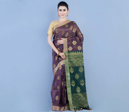 Handloom Linen Zamdani - Violet & Bottle Green - ArtisanSoul