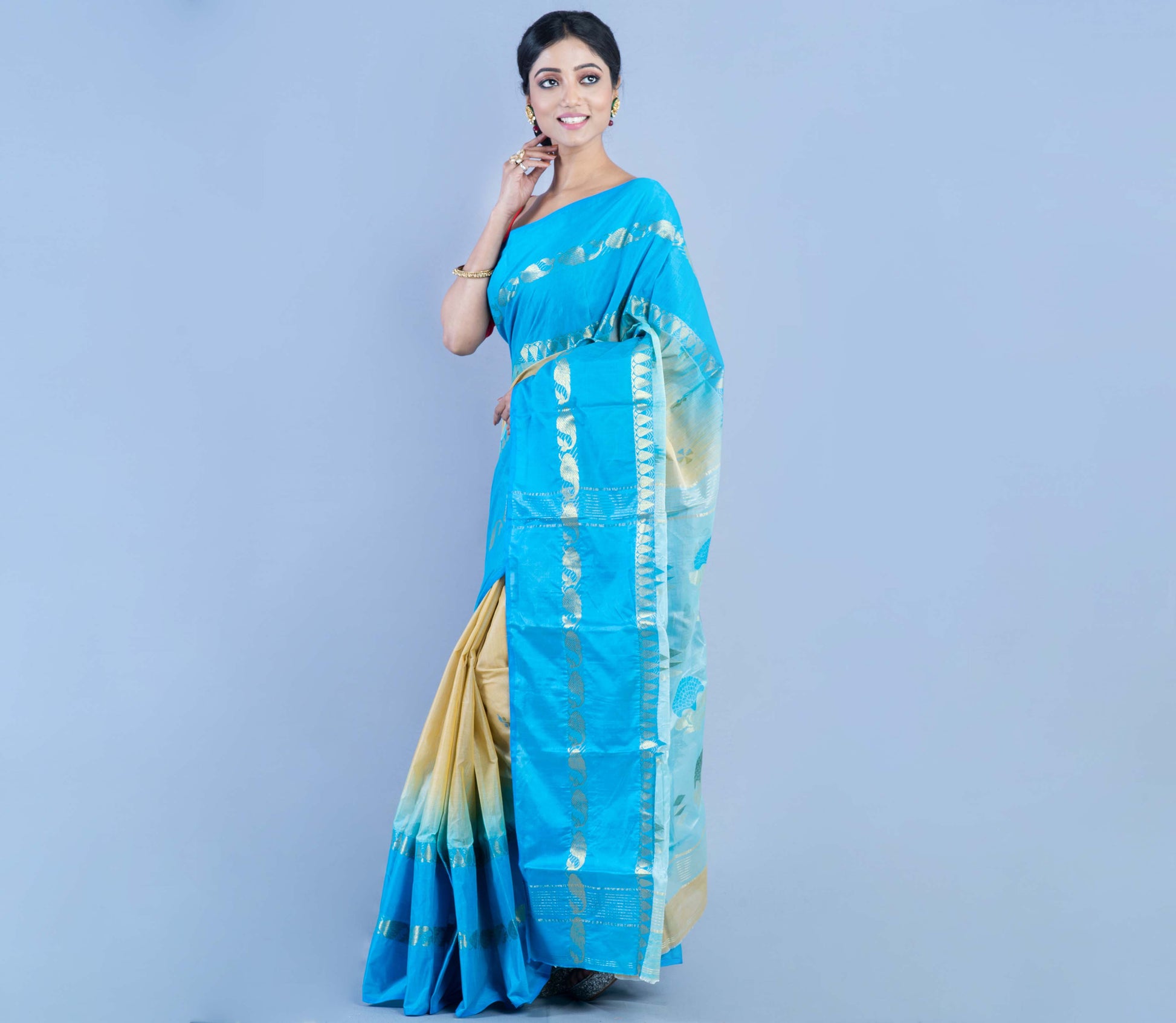 Handloom Tant Saree - Sky Blue & Vanilla - ArtisanSoul