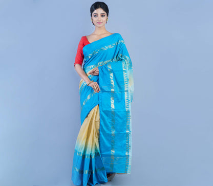 Handloom Tant Saree - Sky Blue & Vanilla - ArtisanSoul